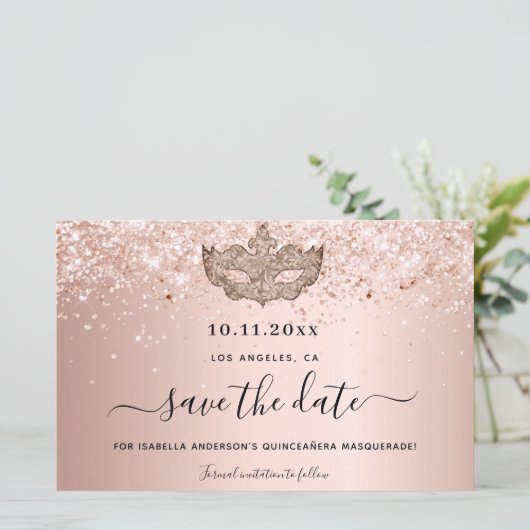 Budget Quinceanera masquerade roos gold save date (Staand voorkant)