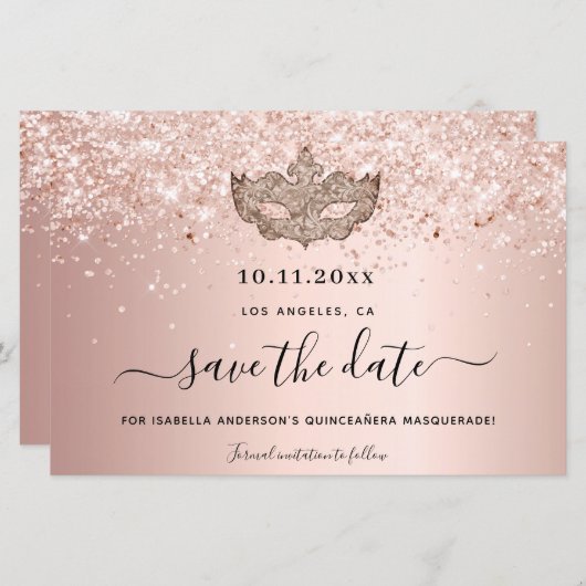Budget Quinceanera masquerade roos gold save date (Voorkant / Achterkant)
