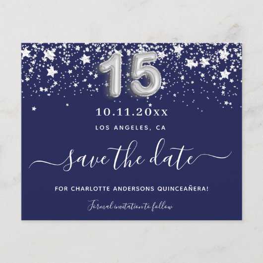 Budget Quinceanera navy blue Silstar Save date (Voorkant)