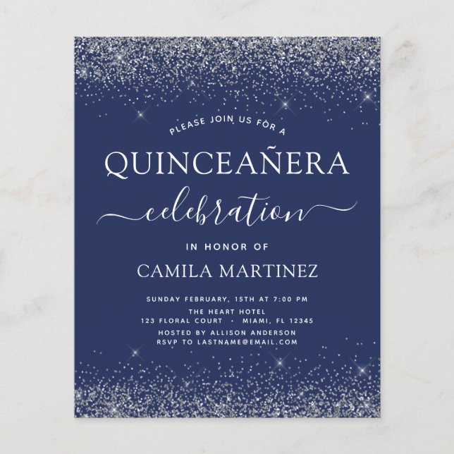 Budget Quinceanera Navy Blue Silver Glitter (Voorkant)