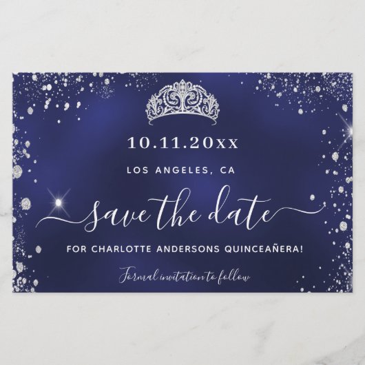 Budget Quinceanera navy blue Silver Save date (Voorkant)