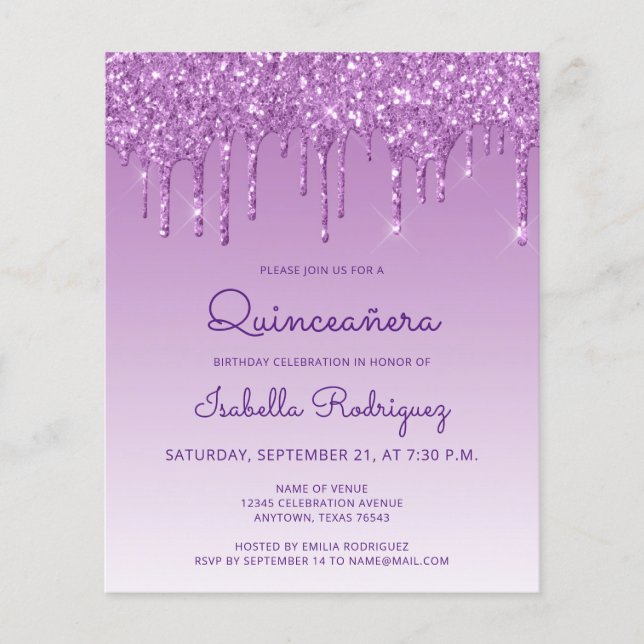 Budget Quinceañera Paarse Glitter Drip Invitation (Voorkant)