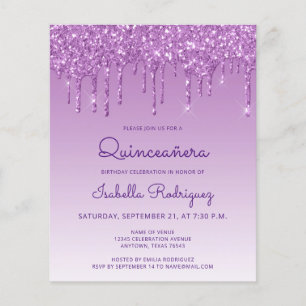 Budget Quinceañera Paarse Glitter Drip Uitnodiging