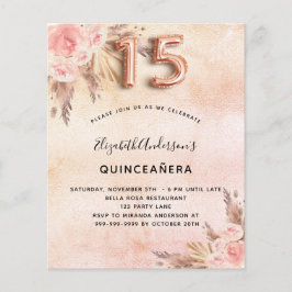 Budget Quinceanera pampas roos-uitnodiging