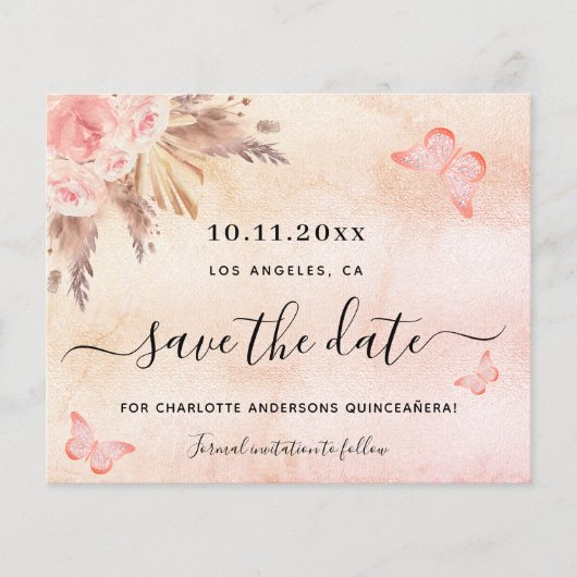 Budget Quinceanera pampas roze save the date (Voorkant)