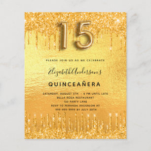 Budget Quinceanera party gold glitter uitnodiging