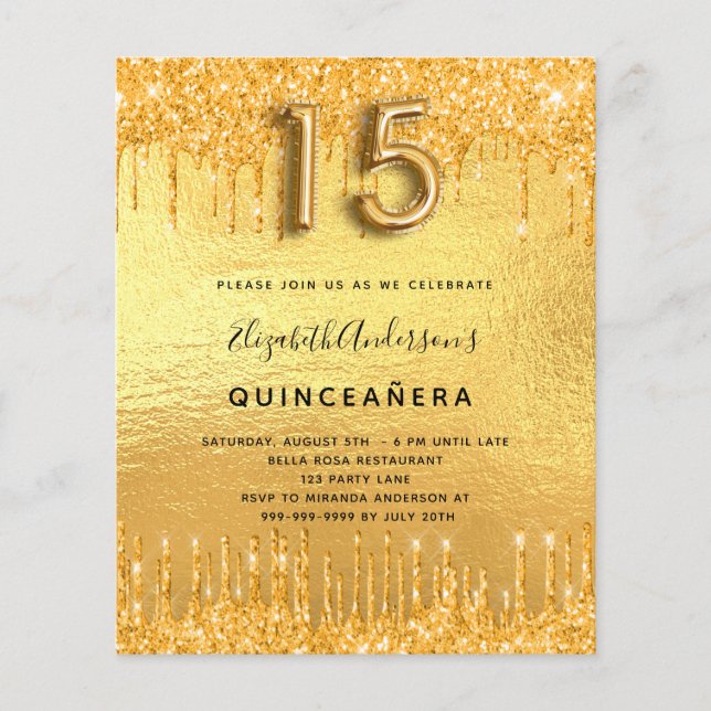 Budget Quinceanera party gold glitter uitnodiging (Voorkant)