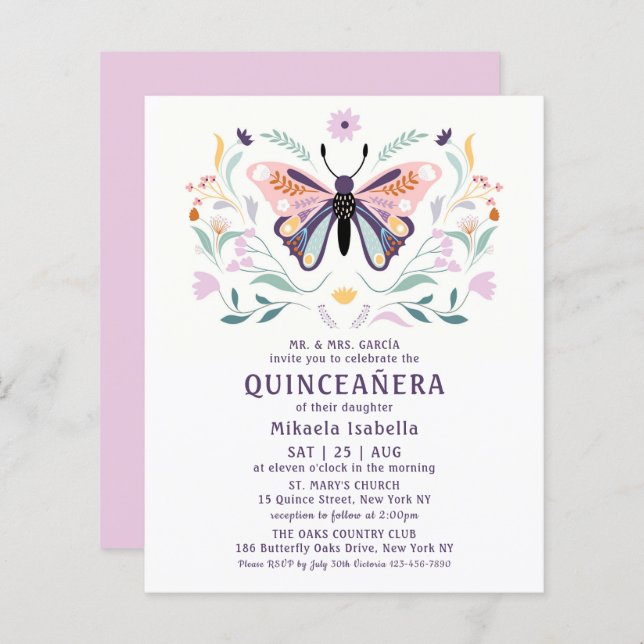 Budget Quinceañera Pink Paars Butterfly Floral (Voorkant / Achterkant)