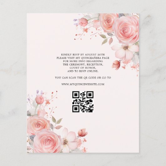 Budget Quinceañera QR Code Blush Roze Bloemen Flyer (Achterkant)