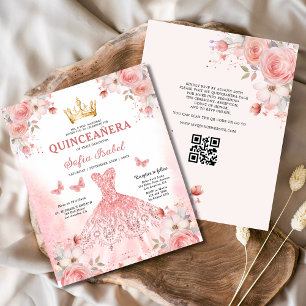 Budget Quinceañera QR Code Blush Roze Bloemen Flyer