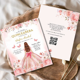 Budget Quinceañera QR Code Blush Roze Bloemen Flyer