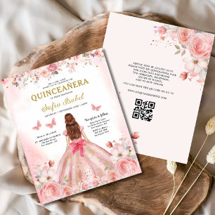 Budget Quinceañera QR Code Blush Roze Bloemen Flyer