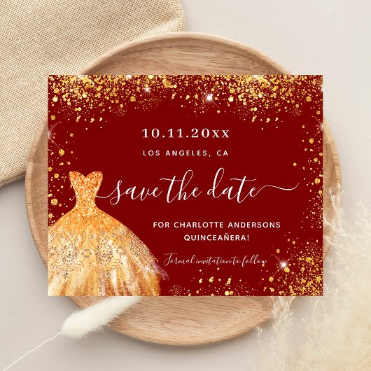 Budget Quinceanera rood gouden jurk save the date