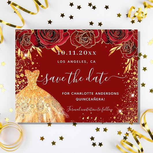 Budget Quinceanera rood gouden jurk save the date