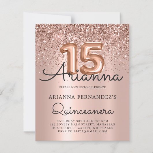 Budget Quinceañera Roos Gold 15e Verjaardag Uitnod (Voorkant)