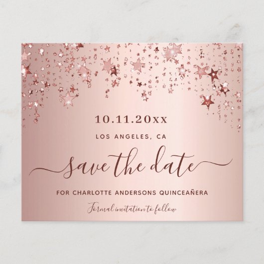 Budget Quinceanera roos gold blush Save the Date (Voorkant)