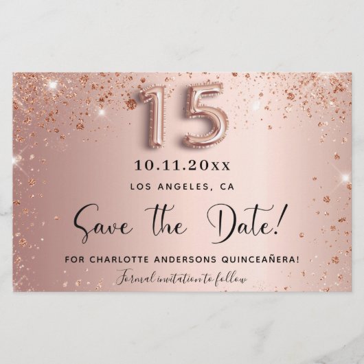 Budget Quinceanera roos gold glitter save the date (Voorkant)