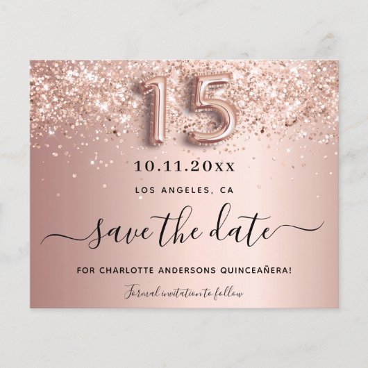 Budget Quinceanera roos gold glitter save the date (Voorkant)