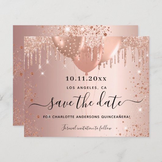 Budget Quinceanera roos gold glitter save the date (Voorkant / Achterkant)