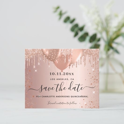 Budget Quinceanera roos gold glitter save the date (Staand voorkant)