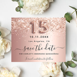 Budget Quinceanera roos gold glitter save the date