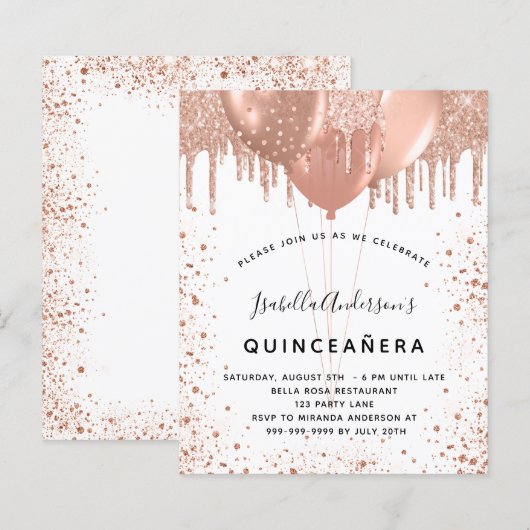 Budget Quinceanera roos Gold glitter uitnodiging (Voorkant / Achterkant)