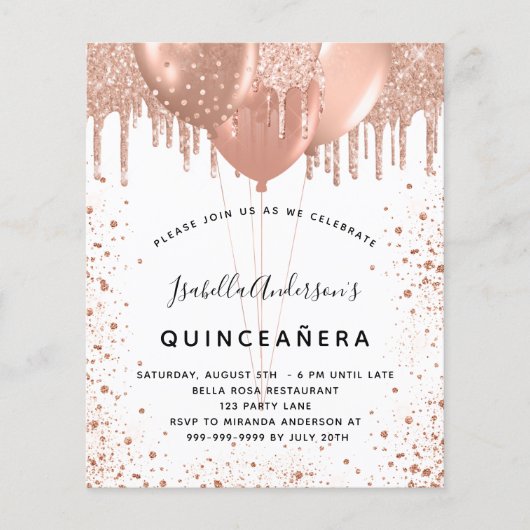 Budget Quinceanera roos Gold glitter uitnodiging (Voorkant)