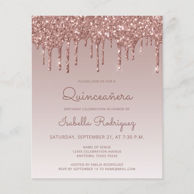 Budget Quinceañera Roos Gold Glitter Uitnodiging (Voorkant)