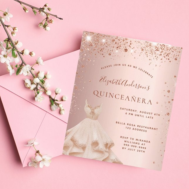 Budget Quinceanera roos Gold glitter uitnodiging (Creator heeft geüpload)