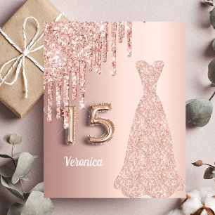 Budget Quinceanera roos Gold glitter uitnodiging