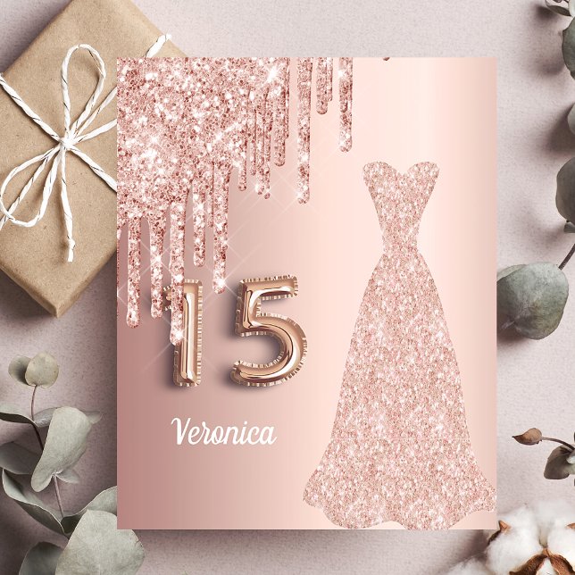 Budget Quinceanera roos Gold glitter uitnodiging (Creator heeft geüpload)