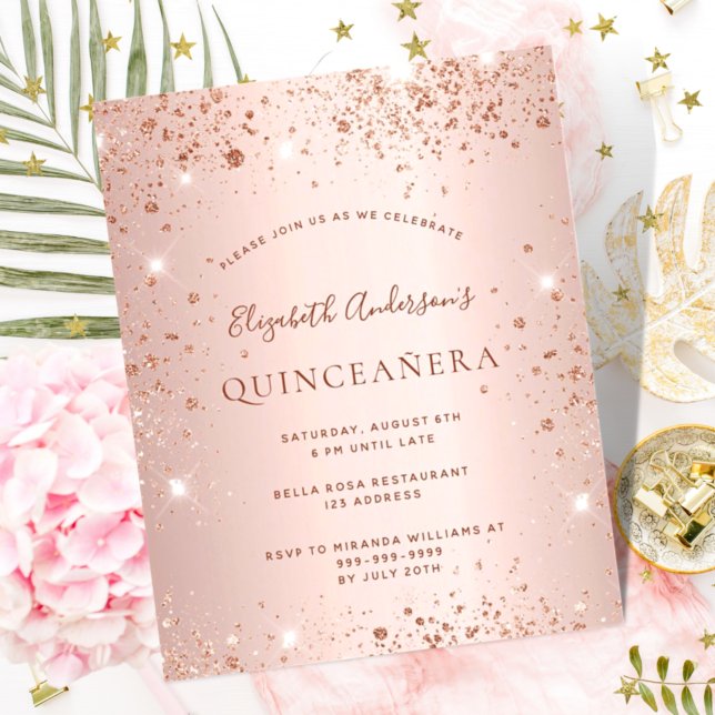 Budget Quinceanera roos Gold glitter uitnodiging (Creator heeft geüpload)