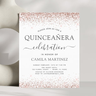 Budget Quinceanera Roos Gold Glitter Uitnodiging