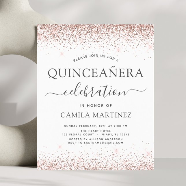 Budget Quinceanera Roos Gold Glitter Uitnodiging (Creator heeft geüpload)