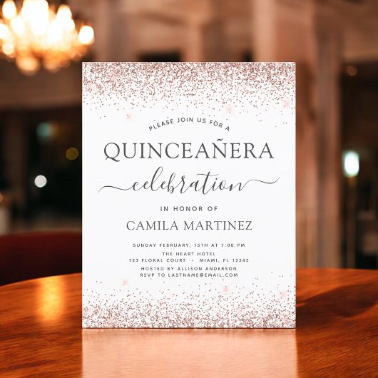 Budget Quinceanera Roos Gold Glitter Uitnodiging Flyer
