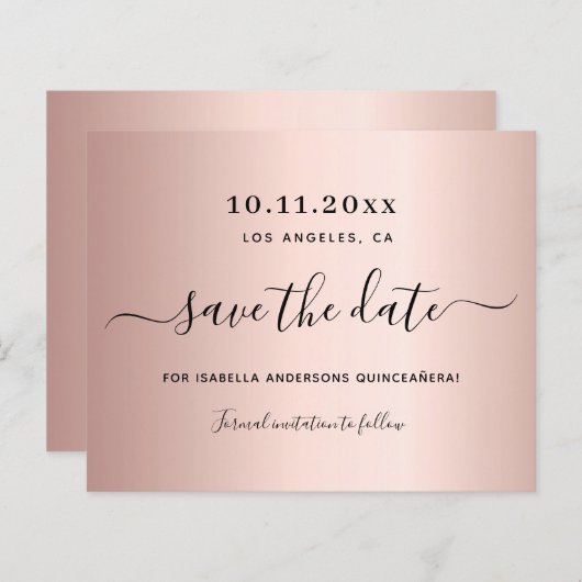 Budget Quinceanera roos gold save the date (Voorkant / Achterkant)