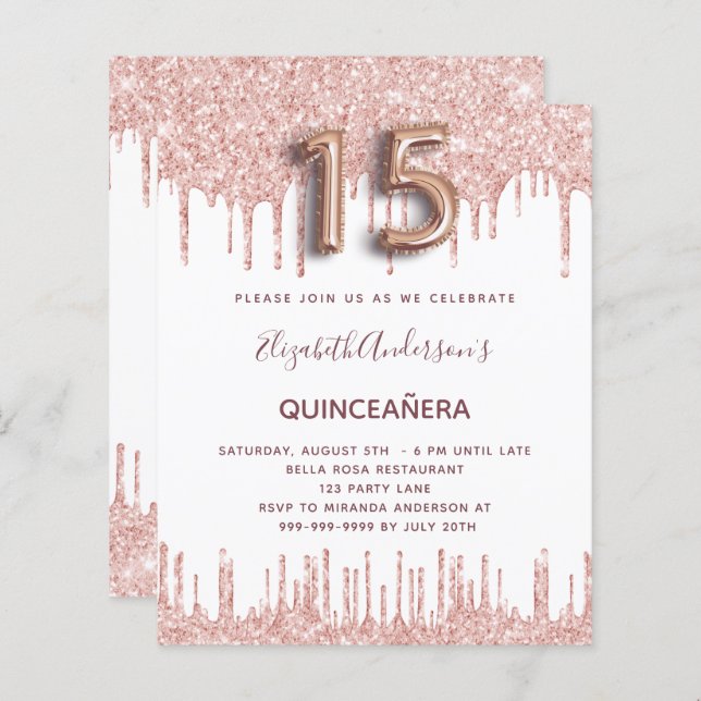 Budget Quinceanera roos goud glitter druppelt roze (Voorkant / Achterkant)