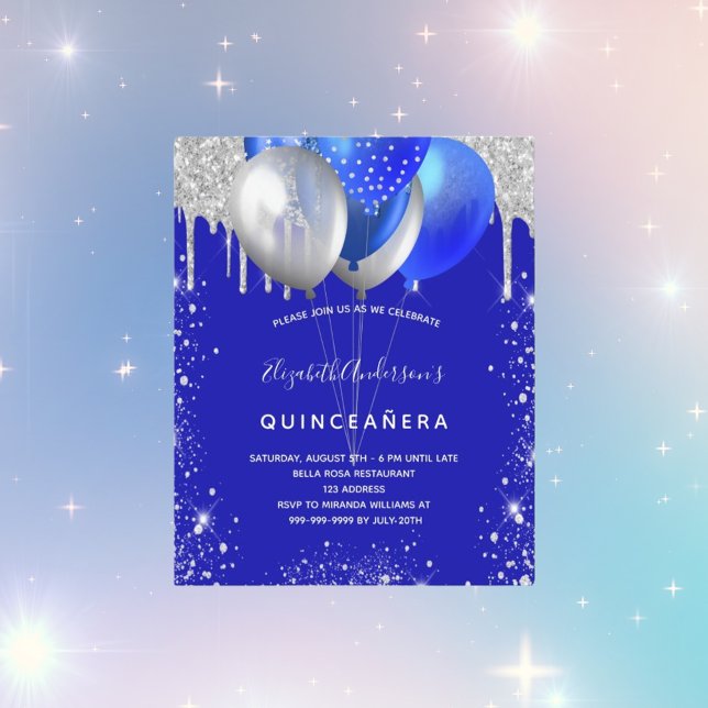 Budget Quinceanera royal blue zilver-uitnodiging (Creator heeft geüpload)