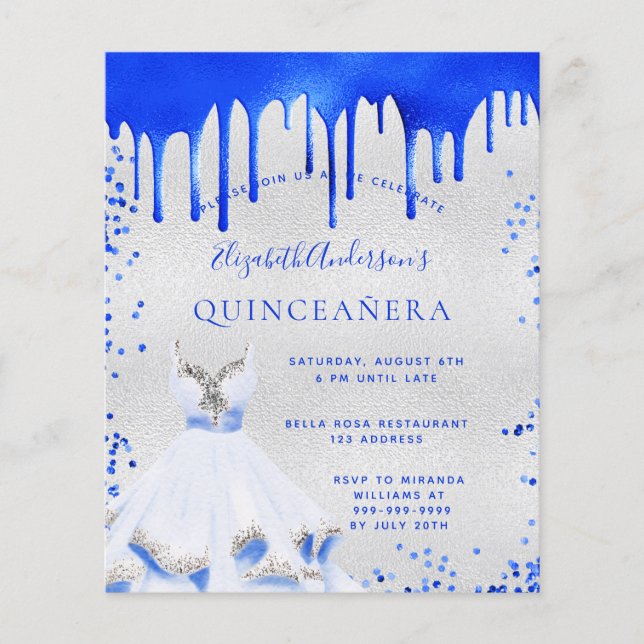 Budget Quinceanera royal blue zilver-uitnodiging (Voorkant)