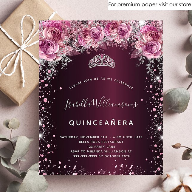Budget Quinceanera roze burgundy florale uitnodigi (Creator heeft geüpload)