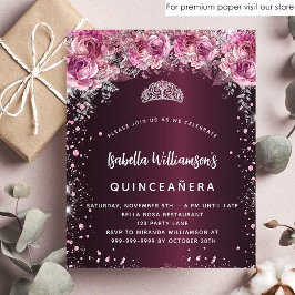 Budget Quinceanera roze burgundy florale uitnodigi Flyer