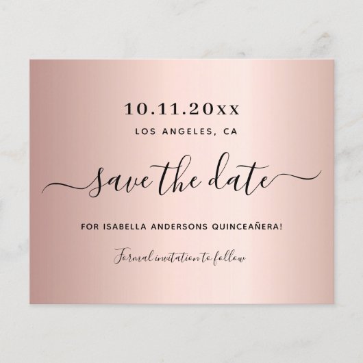 Budget Quinceanera roze goud save the date (Voorkant)