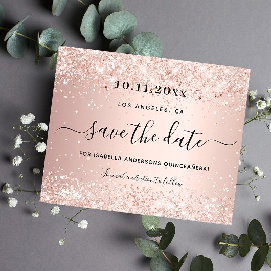 Budget Quinceanera roze goud save the date