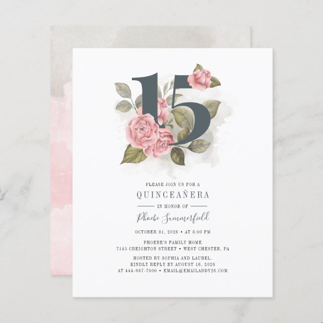 Budget Quinceanera Rustic Sage Green Pink Floral (Voorkant / Achterkant)