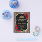 Budget Quinceanera Rustic Wood Gold Red Uitnodigin Flyer (Enkel)