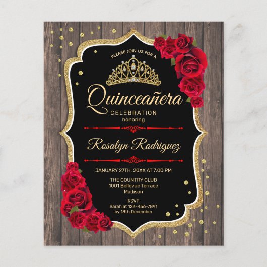 Budget Quinceanera Rustic Wood Gold Red Uitnodigin Flyer (Voorkant)