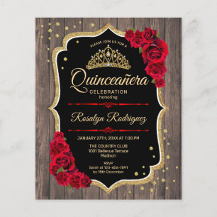 Budget Quinceanera Rustic Wood Gold Red Uitnodigin Flyer