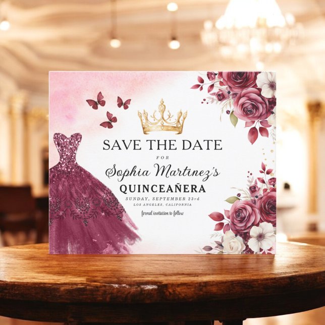 Budget Quinceanera Save the Date Floral Bourgogne (Creator heeft geüpload)