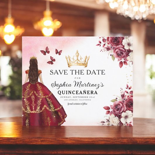 Budget Quinceanera Save the Date Floral Bourgogne Flyer