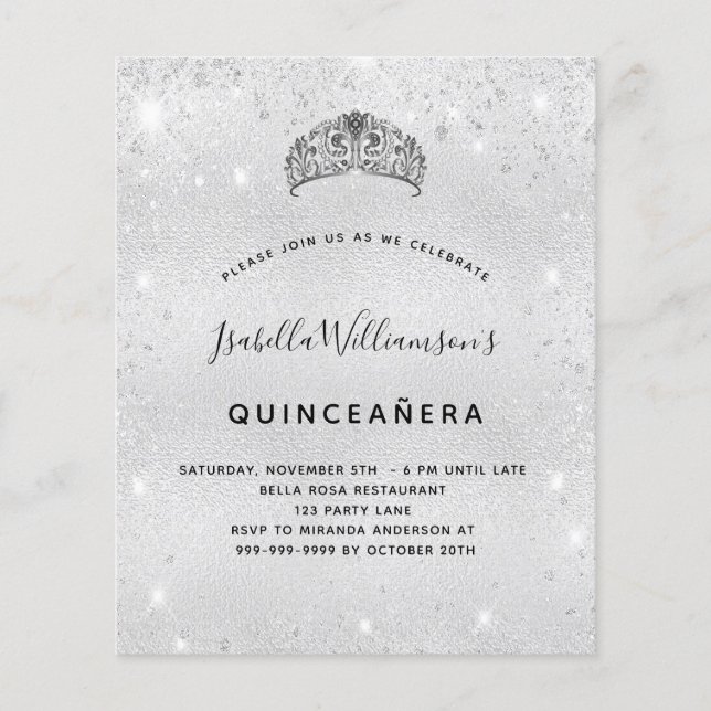 Budget Quinceanera Silglitter tiara uitnodiging (Voorkant)
